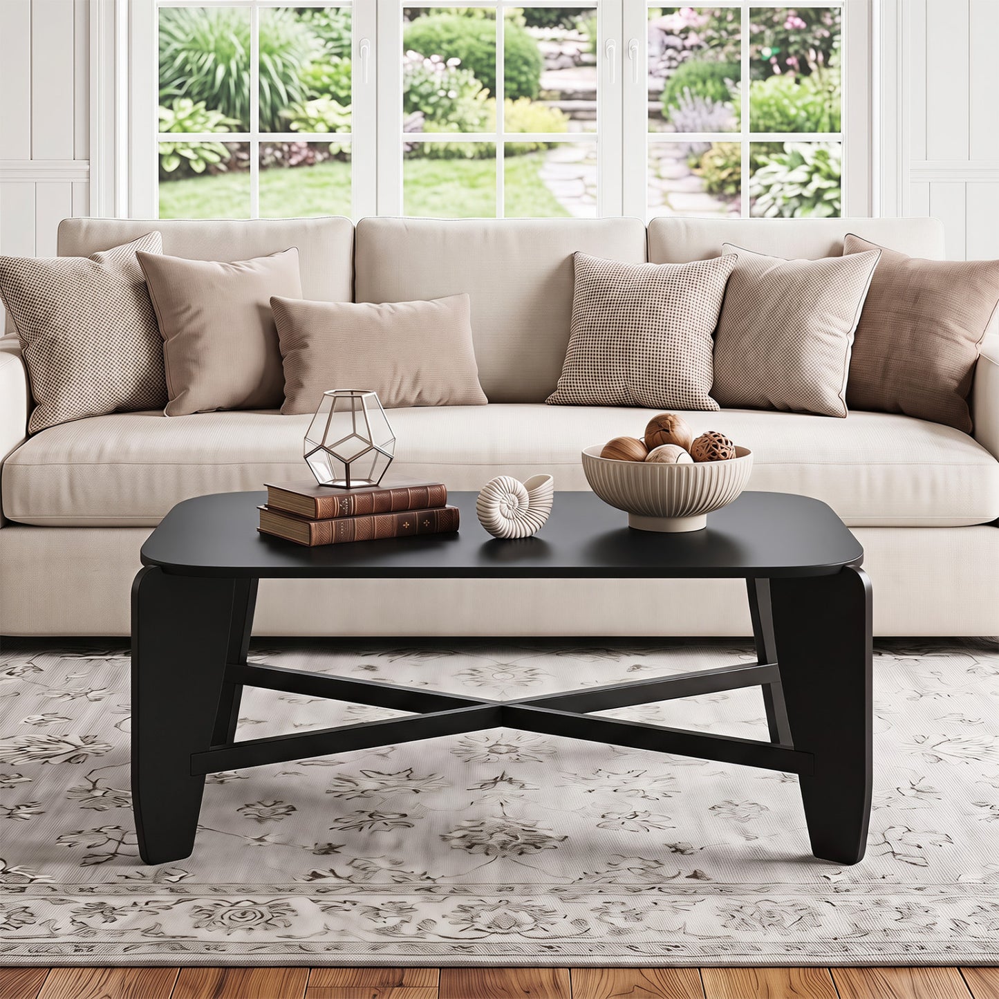Modern Coffee Table with Rubber Wood Cross-Leg Base Rectangular Center Table-Black