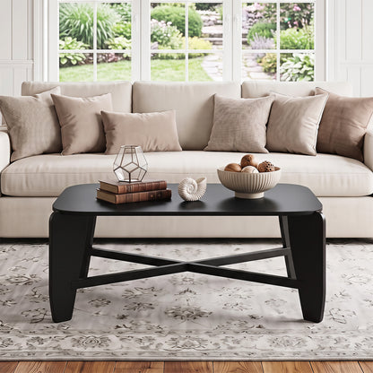 Modern Coffee Table with Rubber Wood Cross-Leg Base Rectangular Center Table-Black