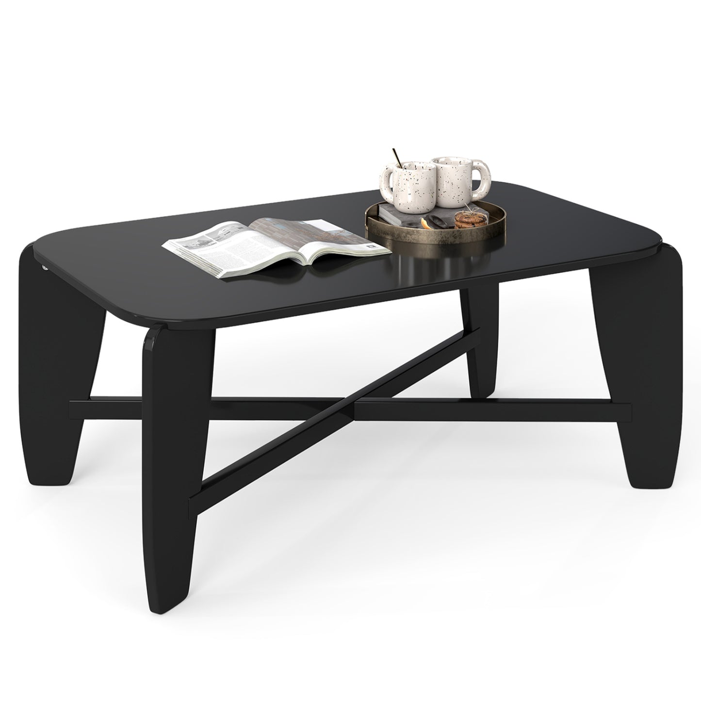 Modern Coffee Table with Rubber Wood Cross-Leg Base Rectangular Center Table-Black