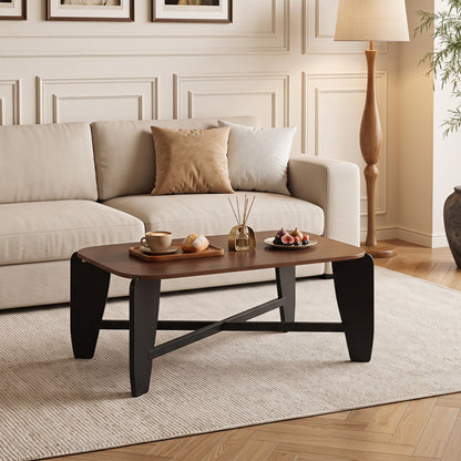 Modern Coffee Table with Rubber Wood Cross-Leg Base Rectangular Center Table-Black