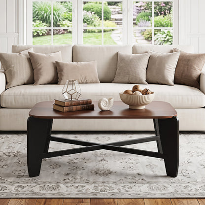 Modern Coffee Table with Rubber Wood Cross-Leg Base Rectangular Center Table-Black