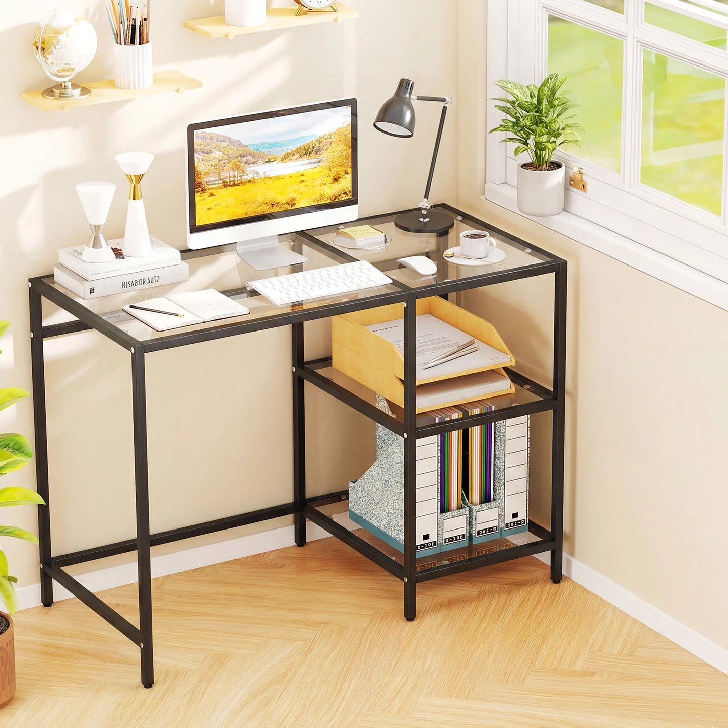 Modern Console Table with 2 Open Shelves and Metal Frame-Black