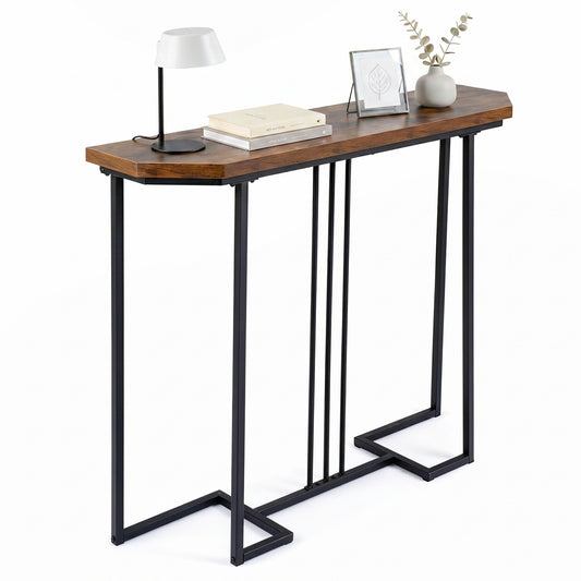 Modern rustic brown console table with narrow design and metal legs, ideal for entryway or hallway decor.