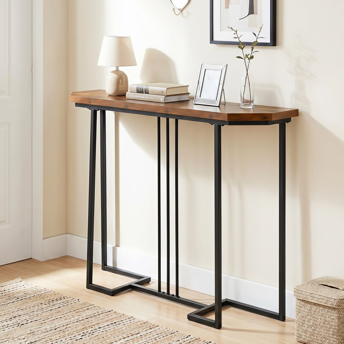 Modern Console Table Narrow Entryway Table with Metal Legs-Rustic Brown