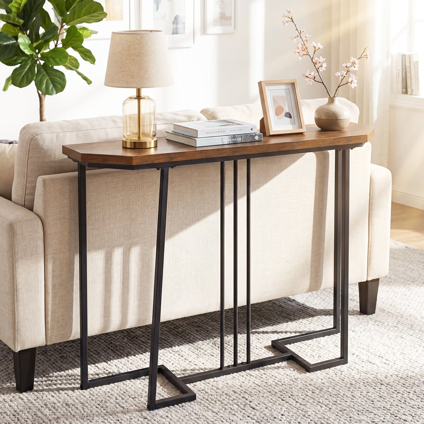 Modern Console Table Narrow Entryway Table with Metal Legs-Rustic Brown