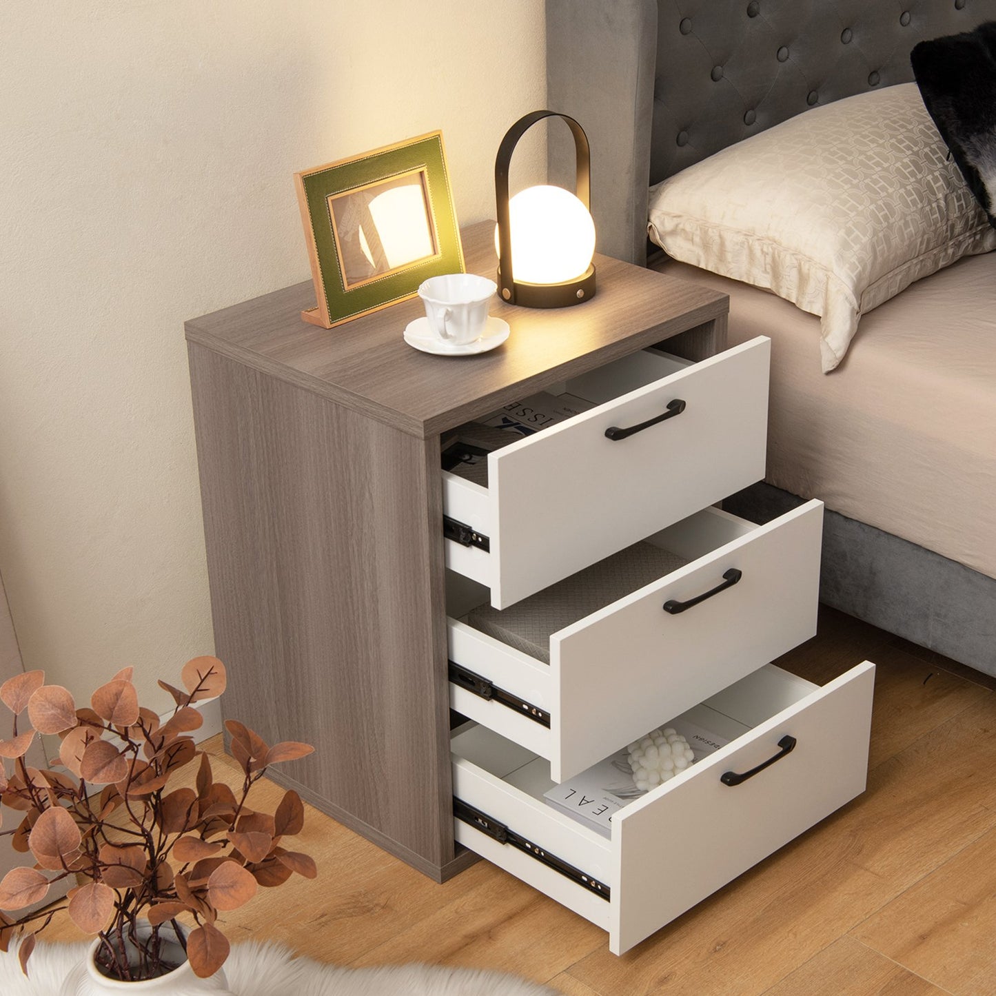 Modern Dresser Nightstand with 3 Slide-Out Drawers
