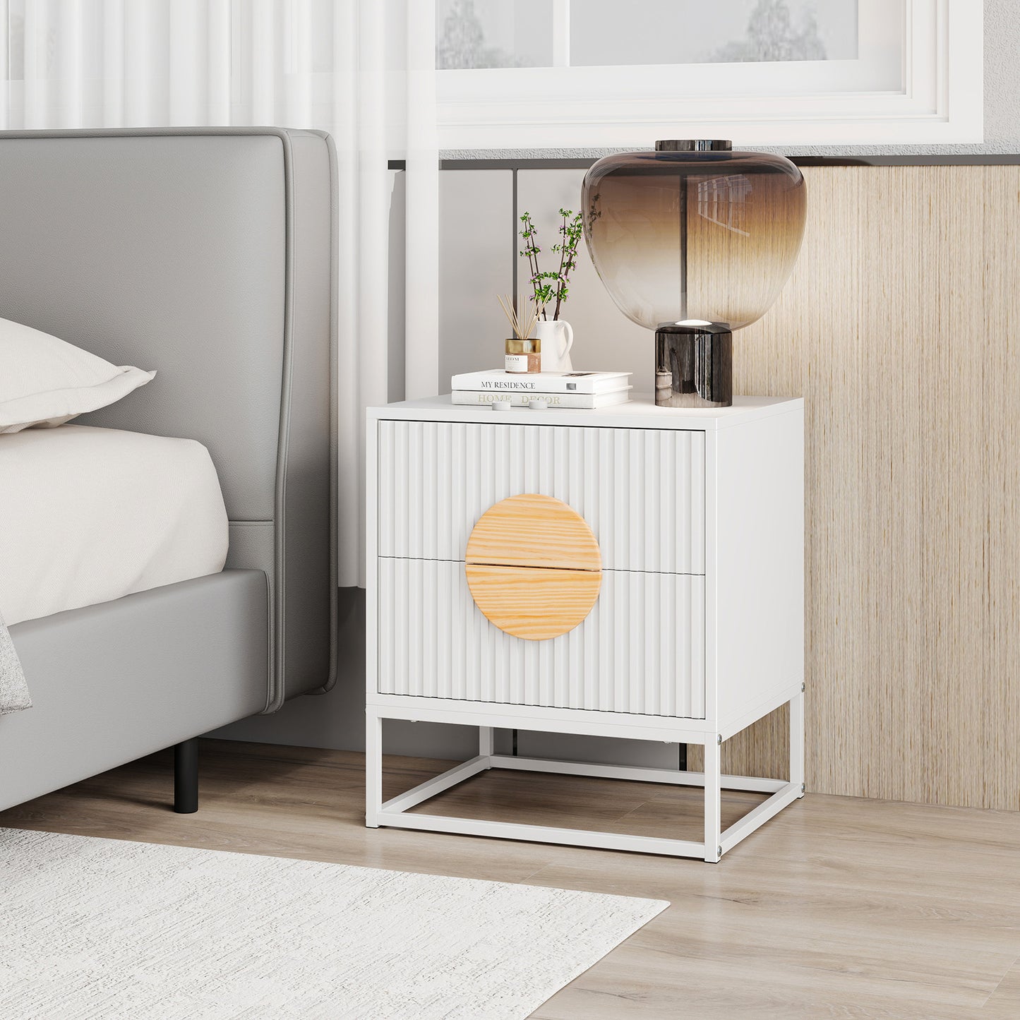 Modern Mid Century Fluted Nightstand with 2 Drawers and Pine Wood Handles for Bedroom-Black