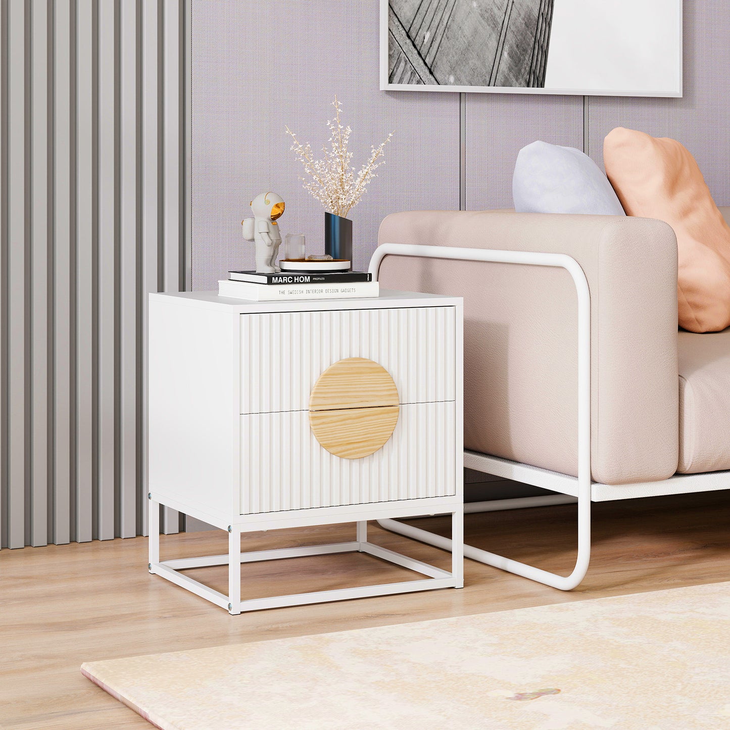 Modern Mid Century Fluted Nightstand with 2 Drawers and Pine Wood Handles for Bedroom-Black