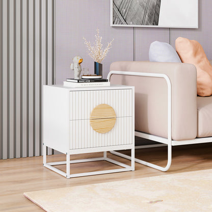 Modern Mid Century Fluted Nightstand with 2 Drawers and Pine Wood Handles for Bedroom-Black