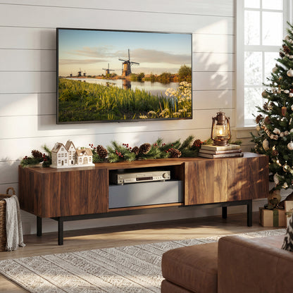 Modern Mid Century TV Cabinetfor TVs up to 82" with Drawer-Walnut