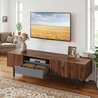 Modern Mid Century TV Cabinetfor TVs up to 82" with Drawer-Walnut