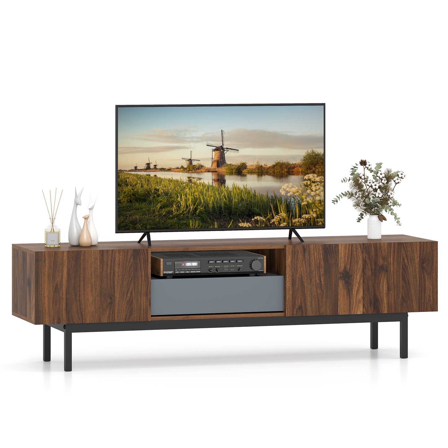 Modern Mid Century TV Cabinetfor TVs up to 82" with Drawer-Walnut