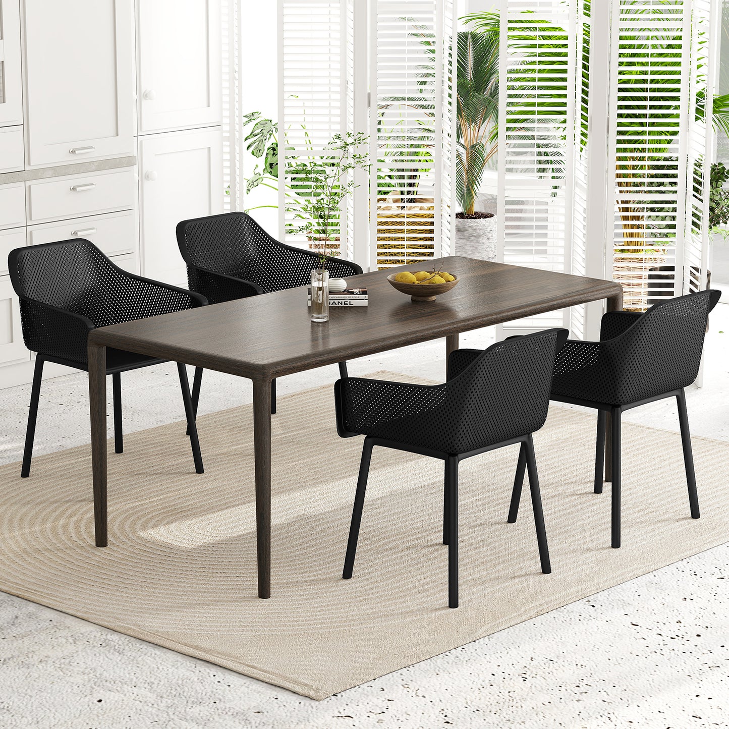 Modern Plastic Dining Chairs Set of 2 Kitchen Armchairs with Breathable Mesh Backres-Black