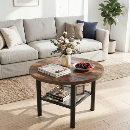 Modern Round Coffee Table Metal Frame 2-Tier with Storage Shelf-Natural