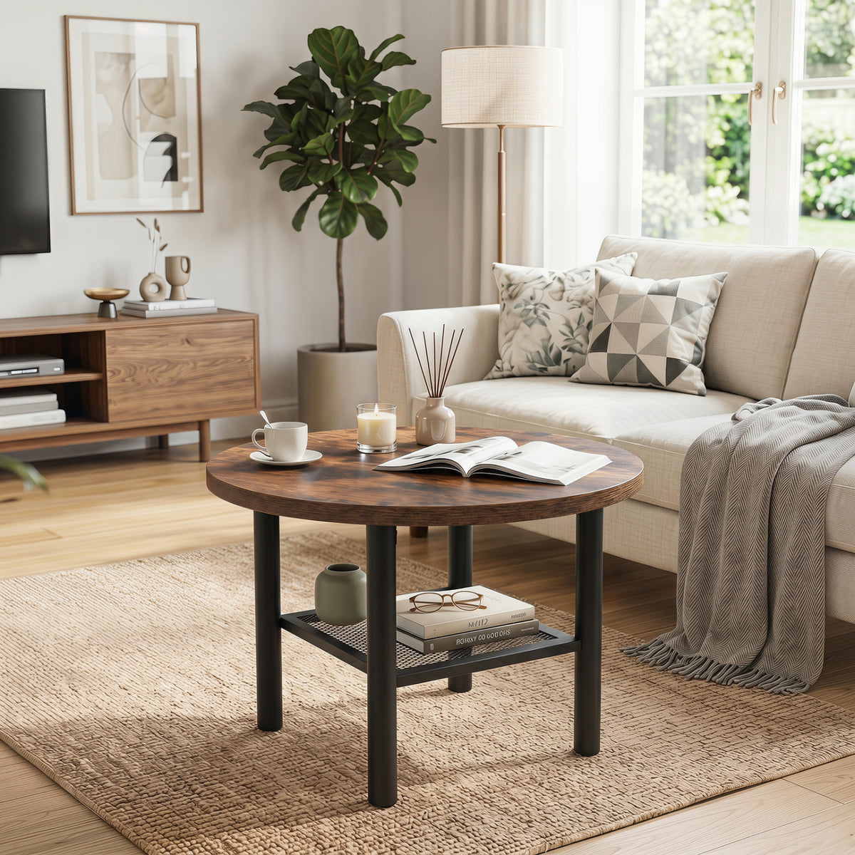 Modern Round Coffee Table Metal Frame 2-Tier with Storage Shelf-Natural