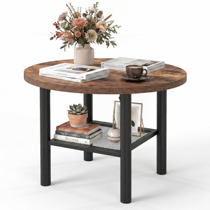 Modern Round Coffee Table Metal Frame 2-Tier with Storage Shelf-Natural