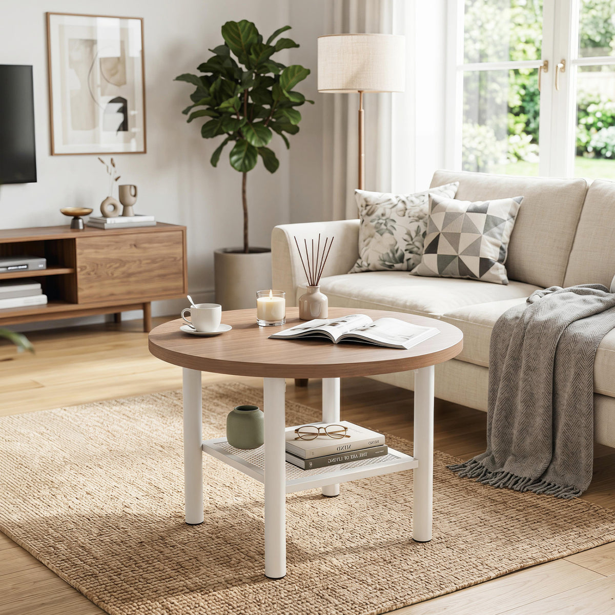 Modern Round Coffee Table Metal Frame 2-Tier with Storage Shelf-Natural