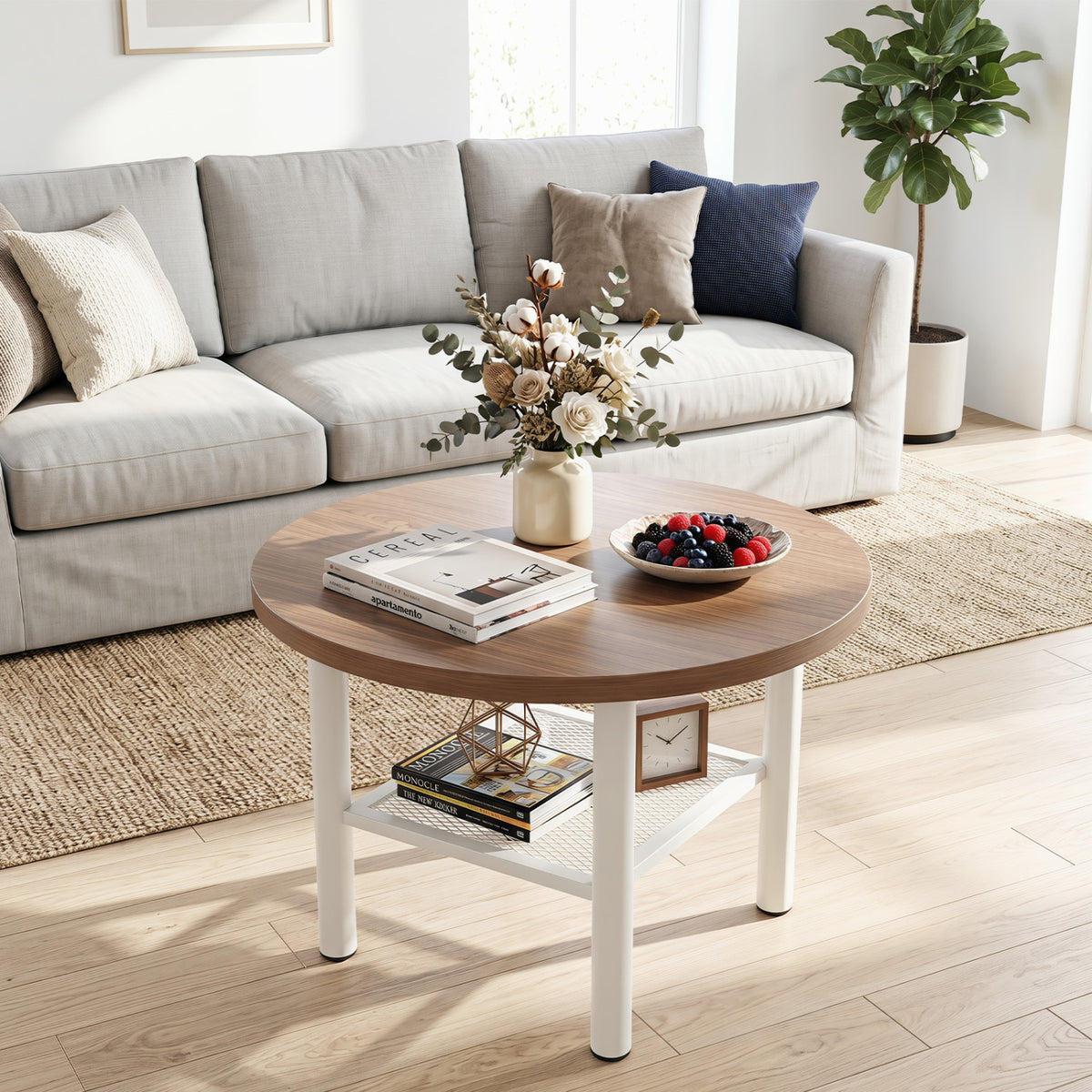 Modern Round Coffee Table Metal Frame 2-Tier with Storage Shelf-Natural