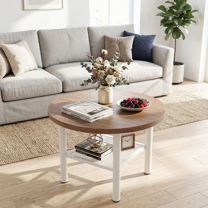 Modern Round Coffee Table Metal Frame 2-Tier with Storage Shelf-Natural