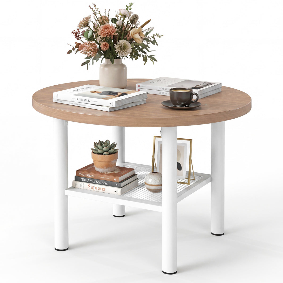 Modern Round Coffee Table Metal Frame 2-Tier with Storage Shelf-Natural