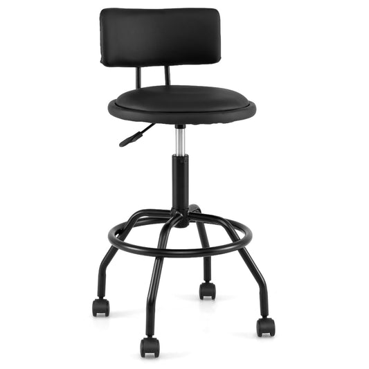 Black modern swivel bar stool with height adjustment and backrest, designed for kitchen and dining areas.