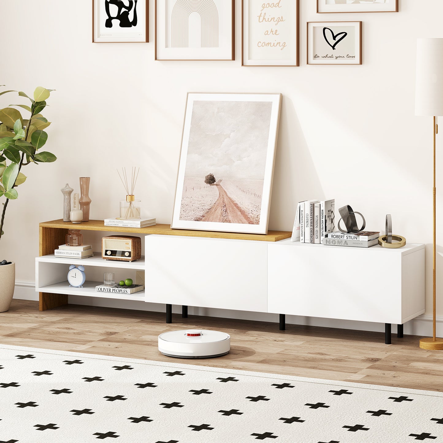 Modern TV Stand for 80 Inches TVs with Storage Shelves and Cabinets-White