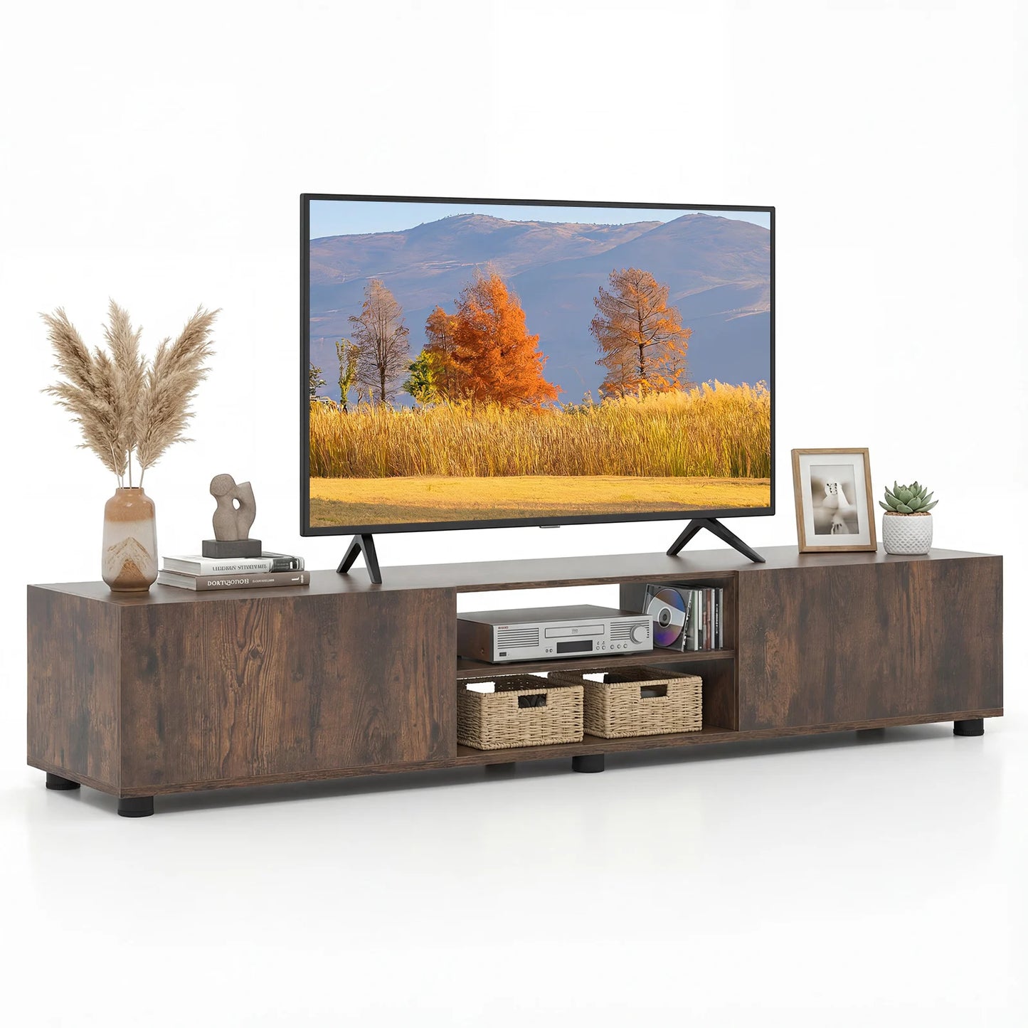 Modern TV Stand for up to 70" TVs Minimalist Entertainment Center with 2 Doors and Open Shelves-Natural