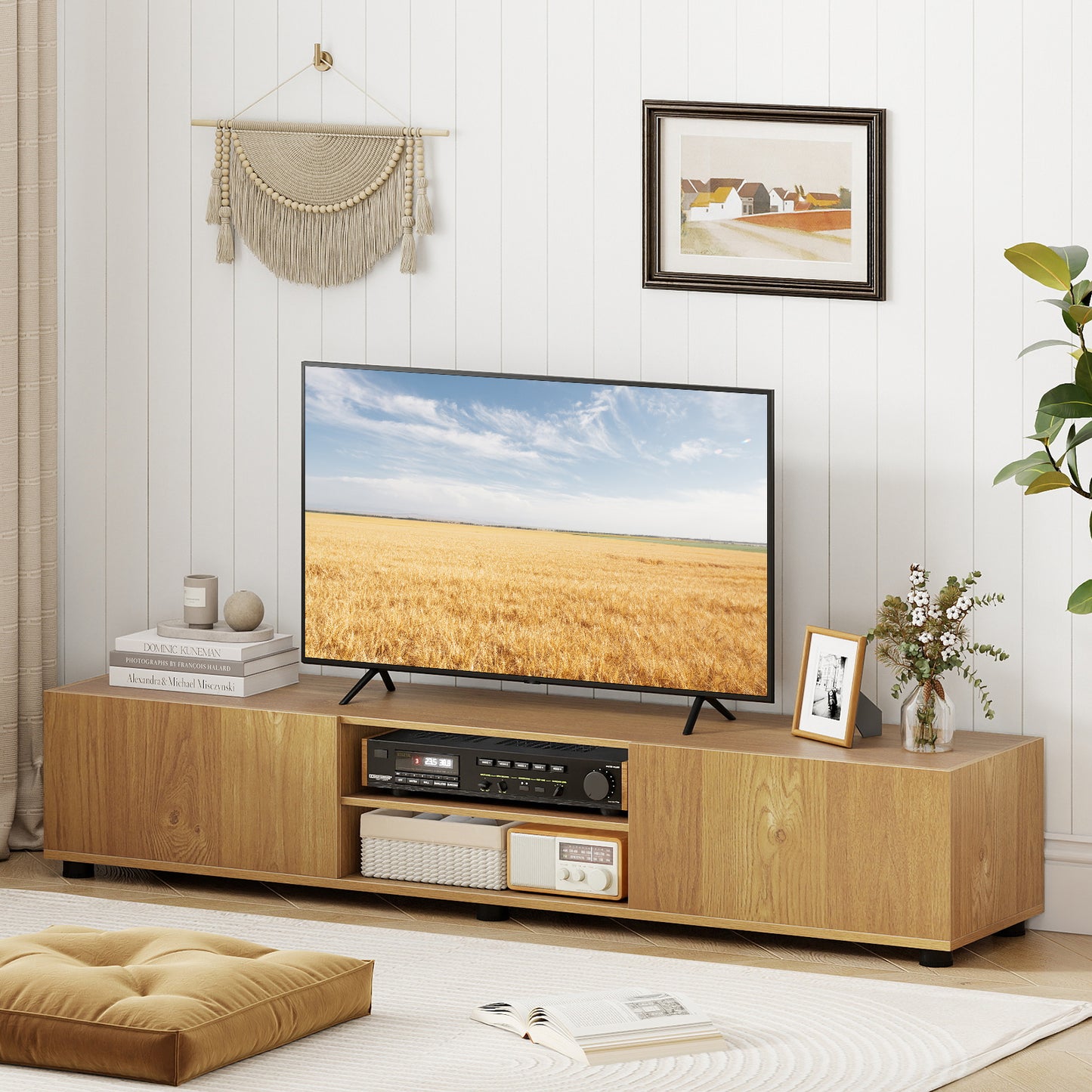 Modern TV Stand for up to 70" TVs Minimalist Entertainment Center with 2 Doors and Open Shelves-Natural