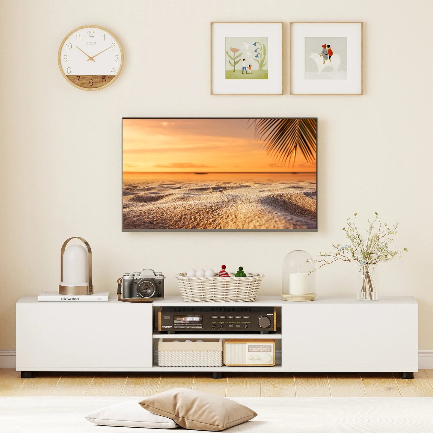 Modern TV Stand for up to 70" TVs Minimalist Entertainment Center with 2 Doors and Open Shelves-Natural