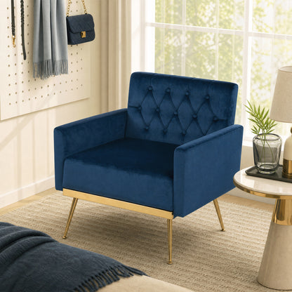 Modern Velvet Upholstered Accent Chair with Button-Tufted Back and Adjustable Feet-Blue