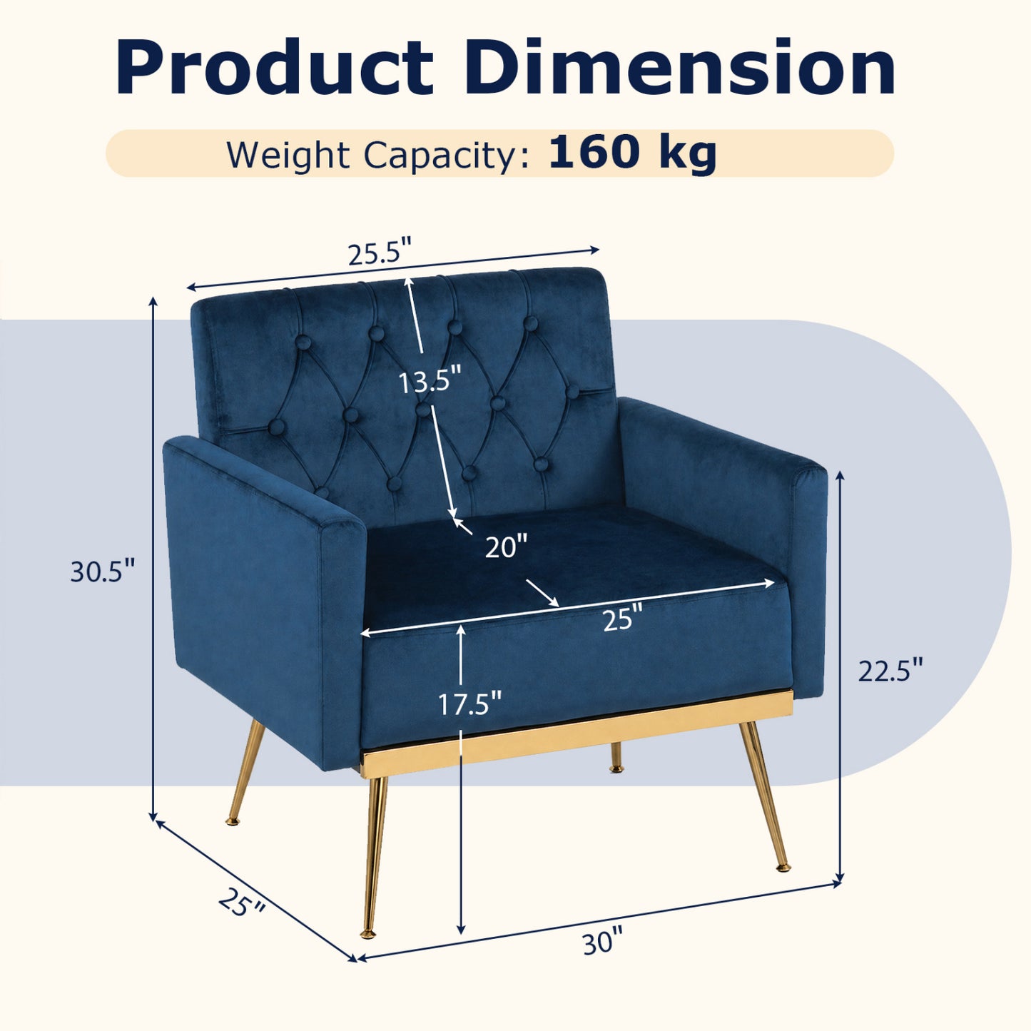 Modern Velvet Upholstered Accent Chair with Button-Tufted Back and Adjustable Feet-Blue