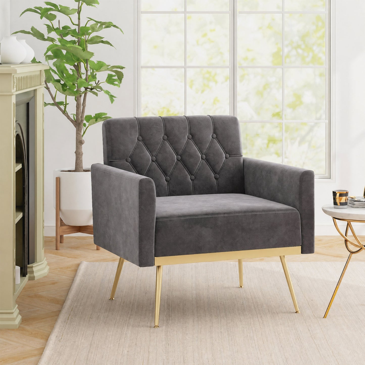 Modern Velvet Upholstered Accent Chair with Button-Tufted Back and Adjustable Feet-Blue