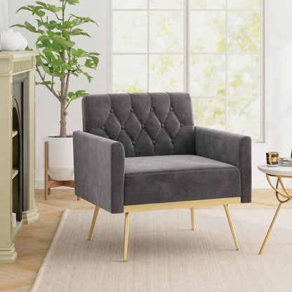 Modern Velvet Upholstered Accent Chair with Button-Tufted Back and Adjustable Feet-Blue