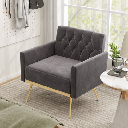 Modern Velvet Upholstered Accent Chair with Button-Tufted Back and Adjustable Feet-Blue
