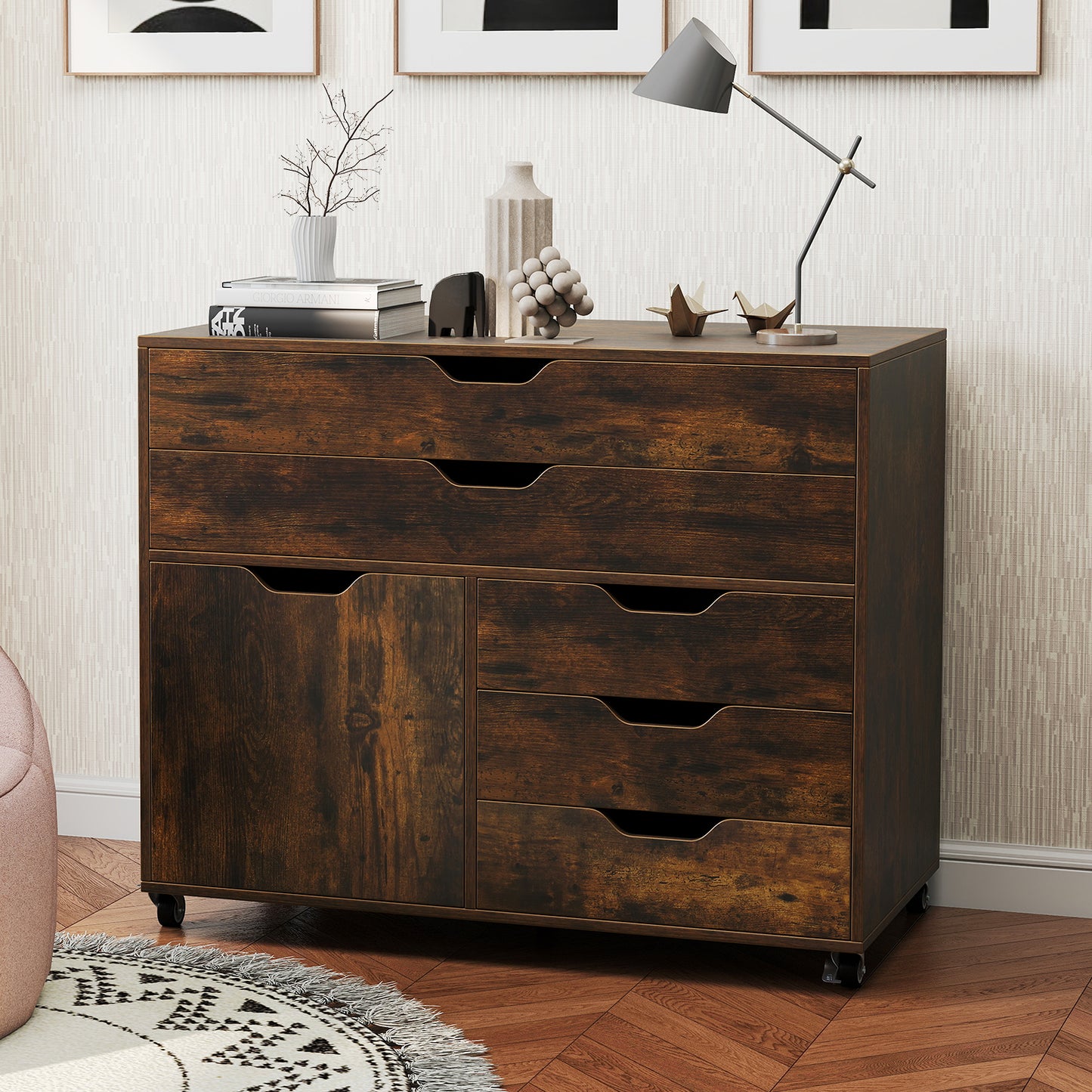 Modern Vertical 5-Drawer Mobile Chest with Door 5 Casters-Black