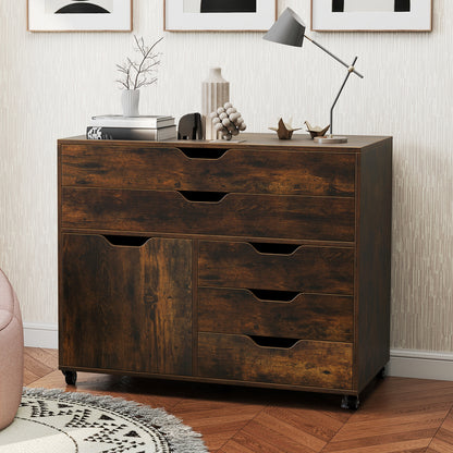 Modern Vertical 5-Drawer Mobile Chest with Door 5 Casters-Black