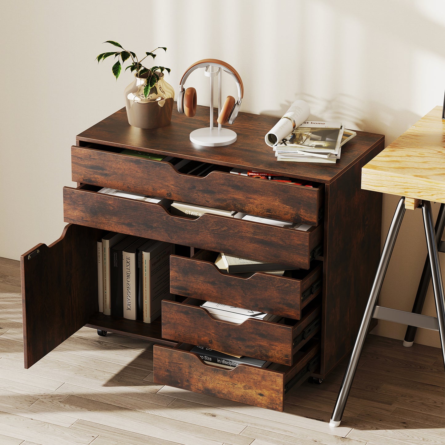 Modern Vertical 5-Drawer Mobile Chest with Door 5 Casters-Black