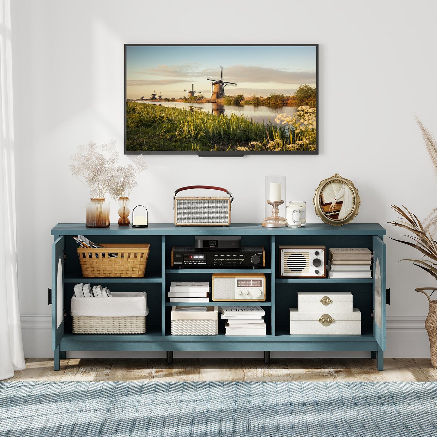 Modern Vintage TV Cabinet with Adjustable Shelves and 2 Cable Holes for TVs up to 65 Inches-Turquoise