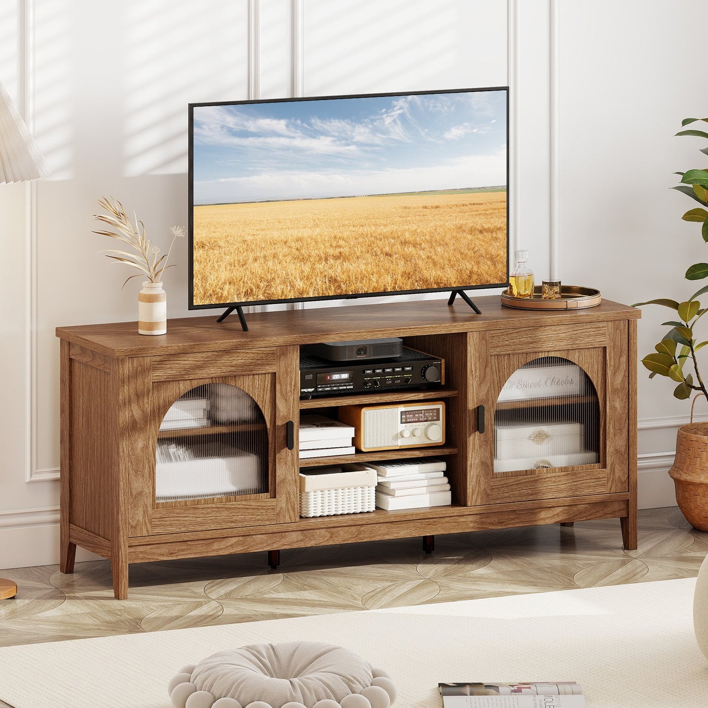 Modern Vintage TV Cabinet with Adjustable Shelves and 2 Cable Holes for TVs up to 65 Inches-Turquoise