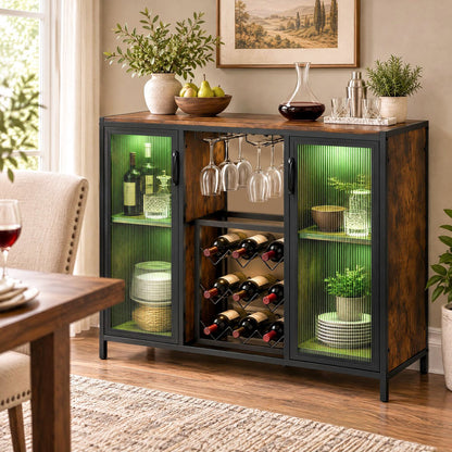 Modern Wine Cabinet with LED Lights and Remote for Kitchen Living Room-Rustic Brown