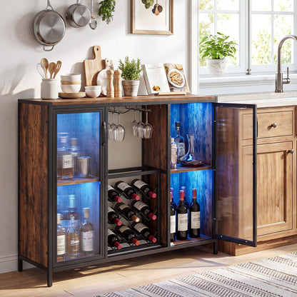 Modern Wine Cabinet with LED Lights and Remote for Kitchen Living Room-Rustic Brown