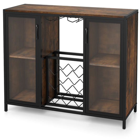 Modern wine cabinet with LED lights and remote control, rustic brown finish, designed for kitchen or living room storage.