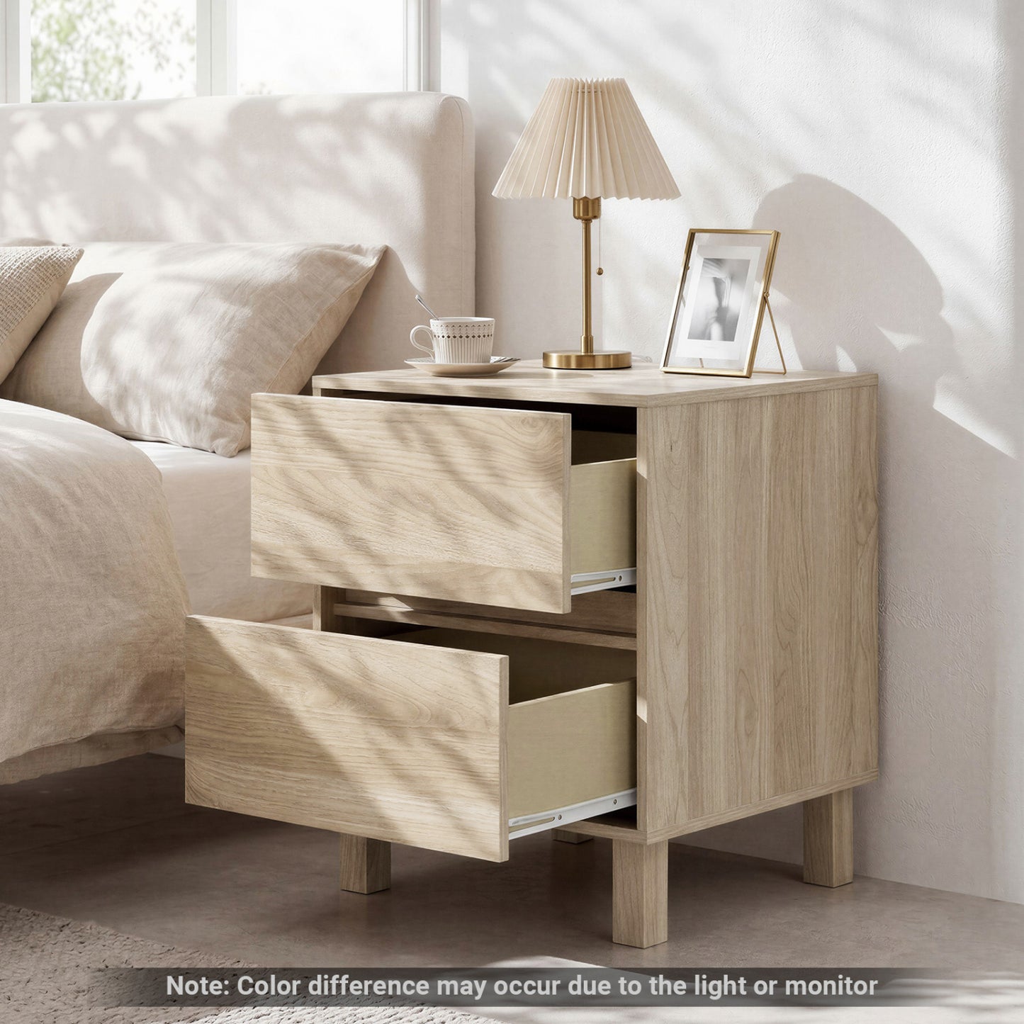 Modern wooden end table with two storage drawers, natural finish, ideal for living room décor, by Wilsons Home Store.