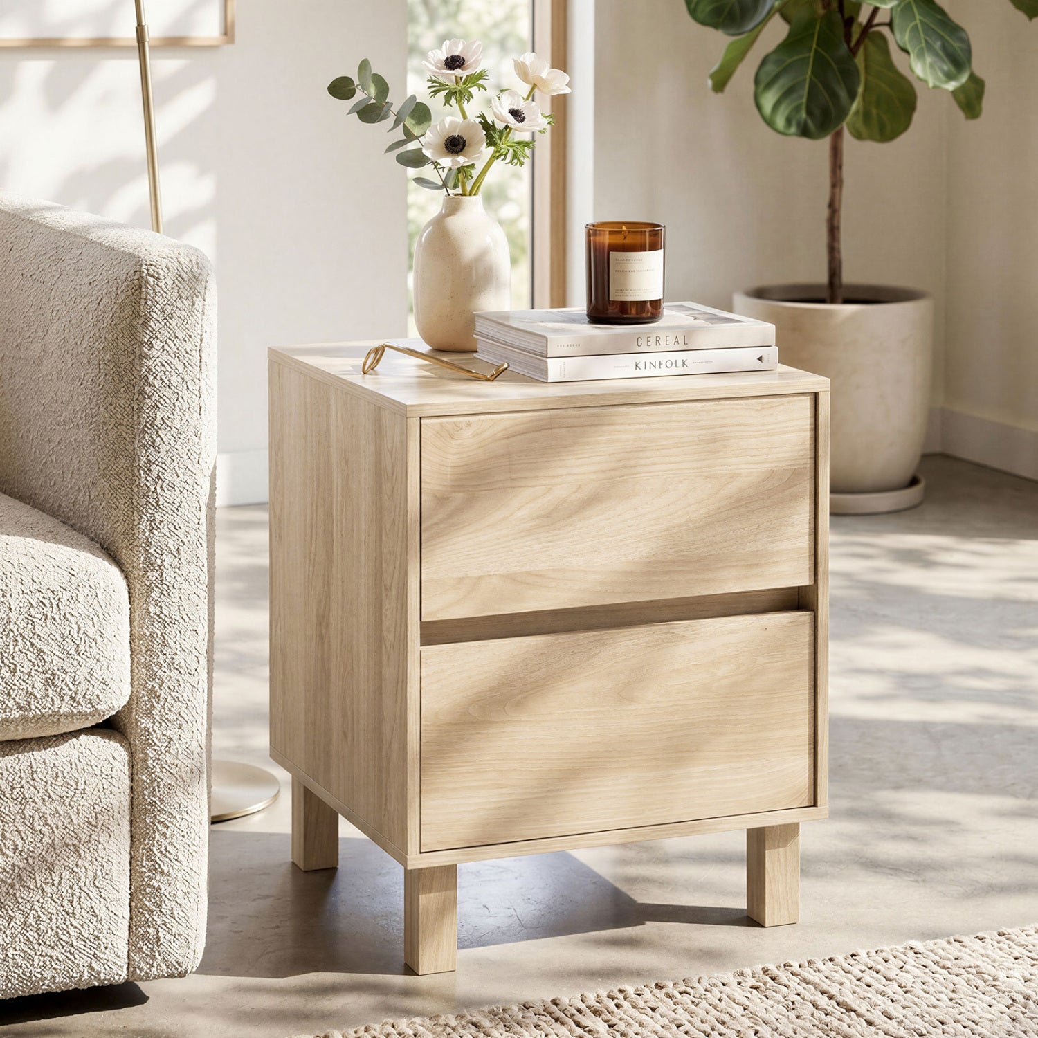 Modern wooden end table with two storage drawers featuring a natural finish, ideal for living room decor.