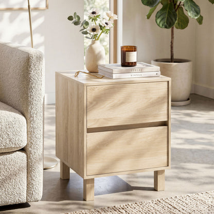 Modern wooden end table with two storage drawers featuring a natural finish, ideal for living room decor.