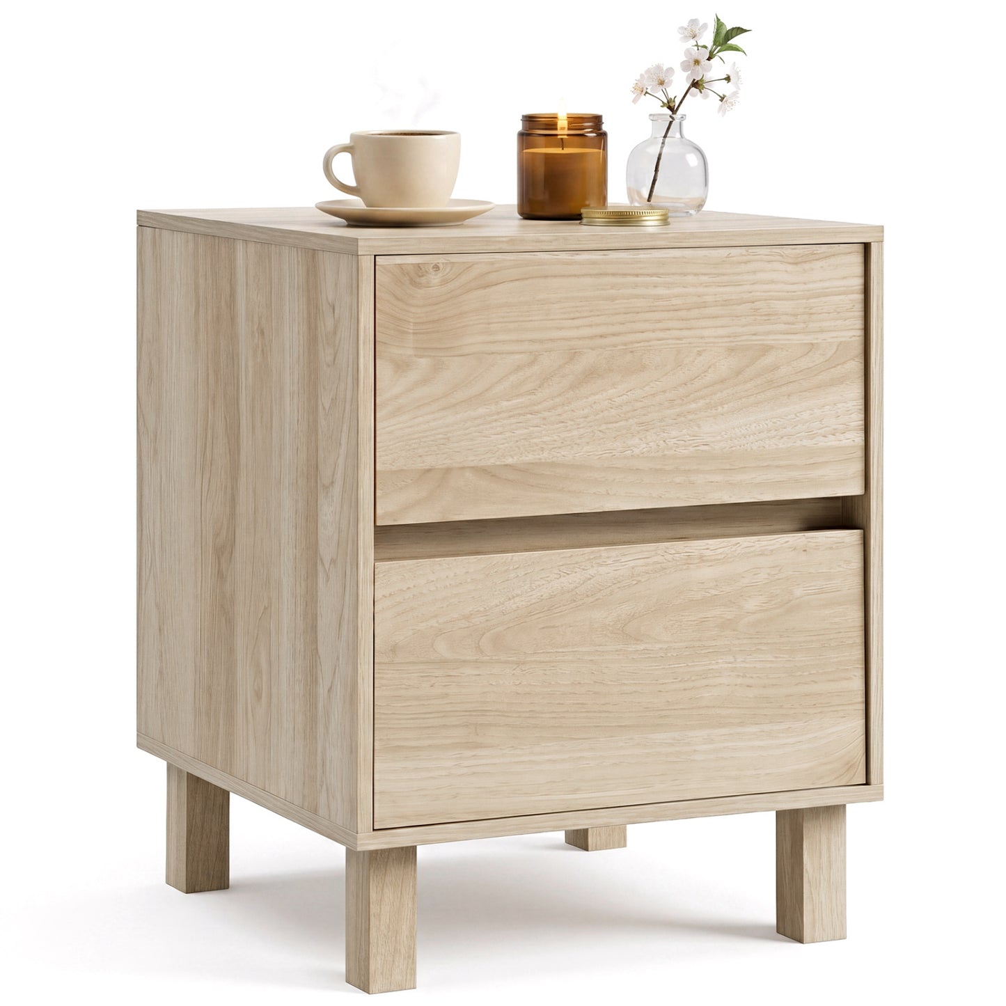 Modern wooden end table with two storage drawers, natural finish, perfect for living room decor and organization.