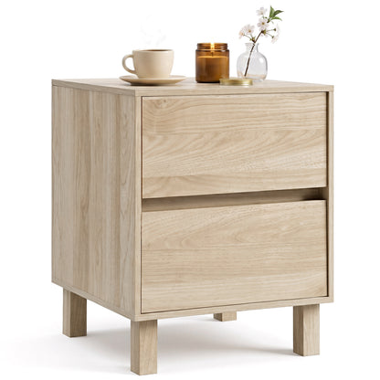 Modern wooden end table with two storage drawers, natural finish, perfect for living room decor and organization.