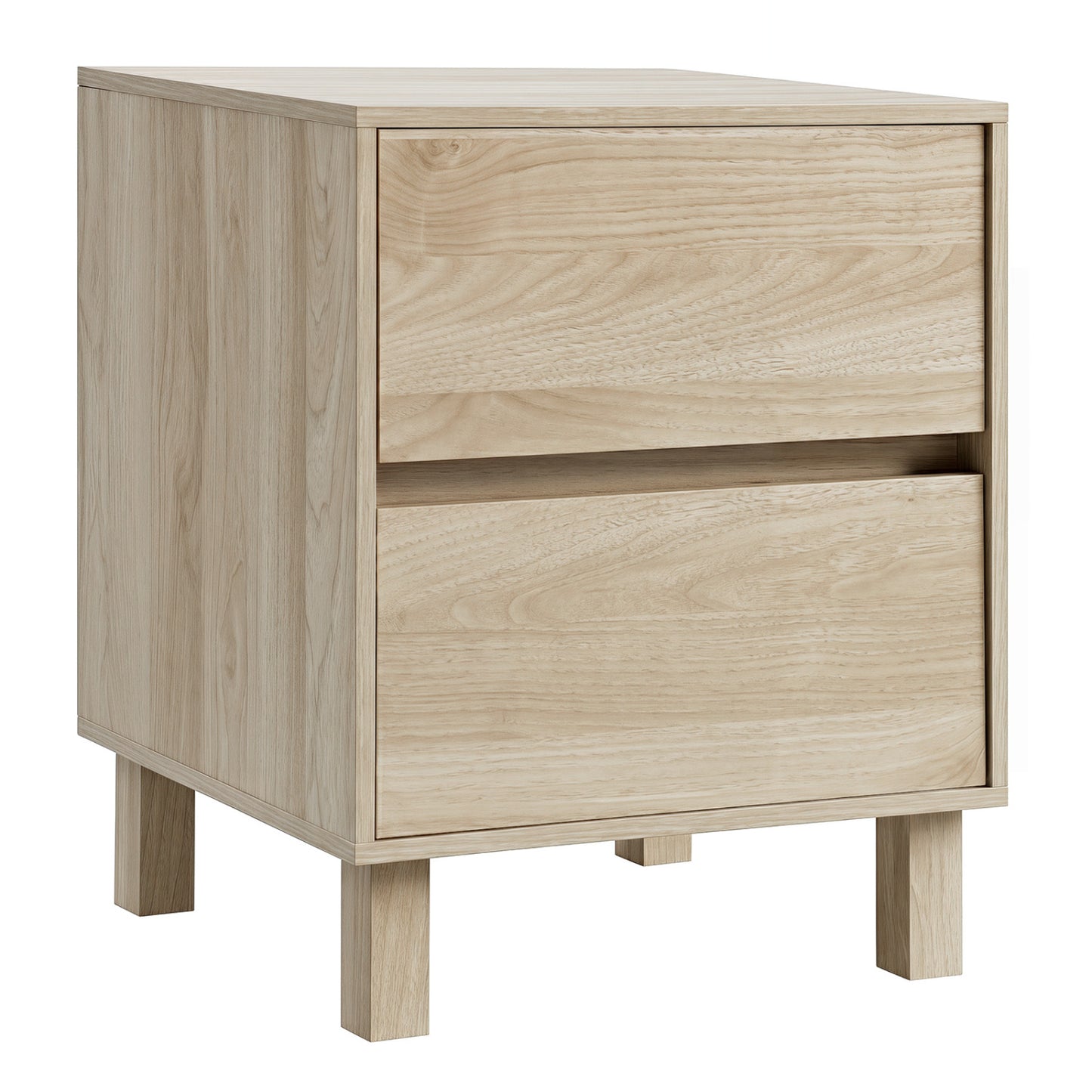 Modern wooden end table with two storage drawers, natural finish, designed for living room use, by Wilsons Home Store.