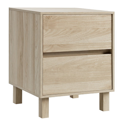 Modern wooden end table with two storage drawers, natural finish, designed for living room use, by Wilsons Home Store.