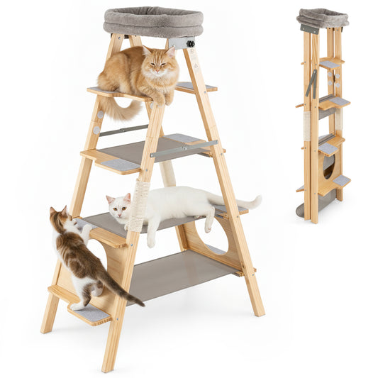 Modern wooden foldable cat tree in gray with multiple platforms and scratching posts for cats to climb and relax.